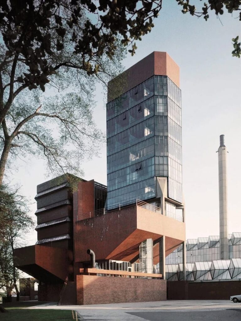 Leicester Engineering Building, James Stirling, 1963. A concrete mass expressing industrial rigor, softened by a brick and glass cladding.